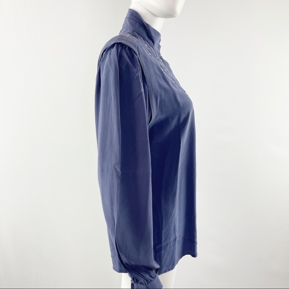 Vintage Cache Navy Blue Silk Button Up Blouse Top Floral Embroidery Size 8 - Picture 4 of 7